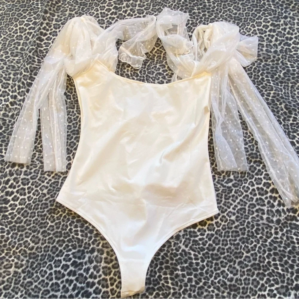 Free People Tongue Tied Bodysuit Chiffon Sheer Sleeves NWT Size XS